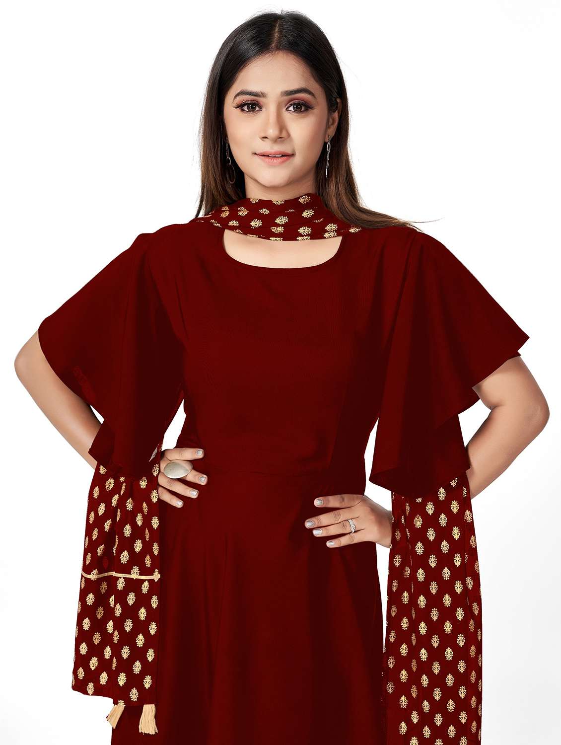 women solid flared sleeve kurta and dupatta set - 22042190 - Standard Image - 4