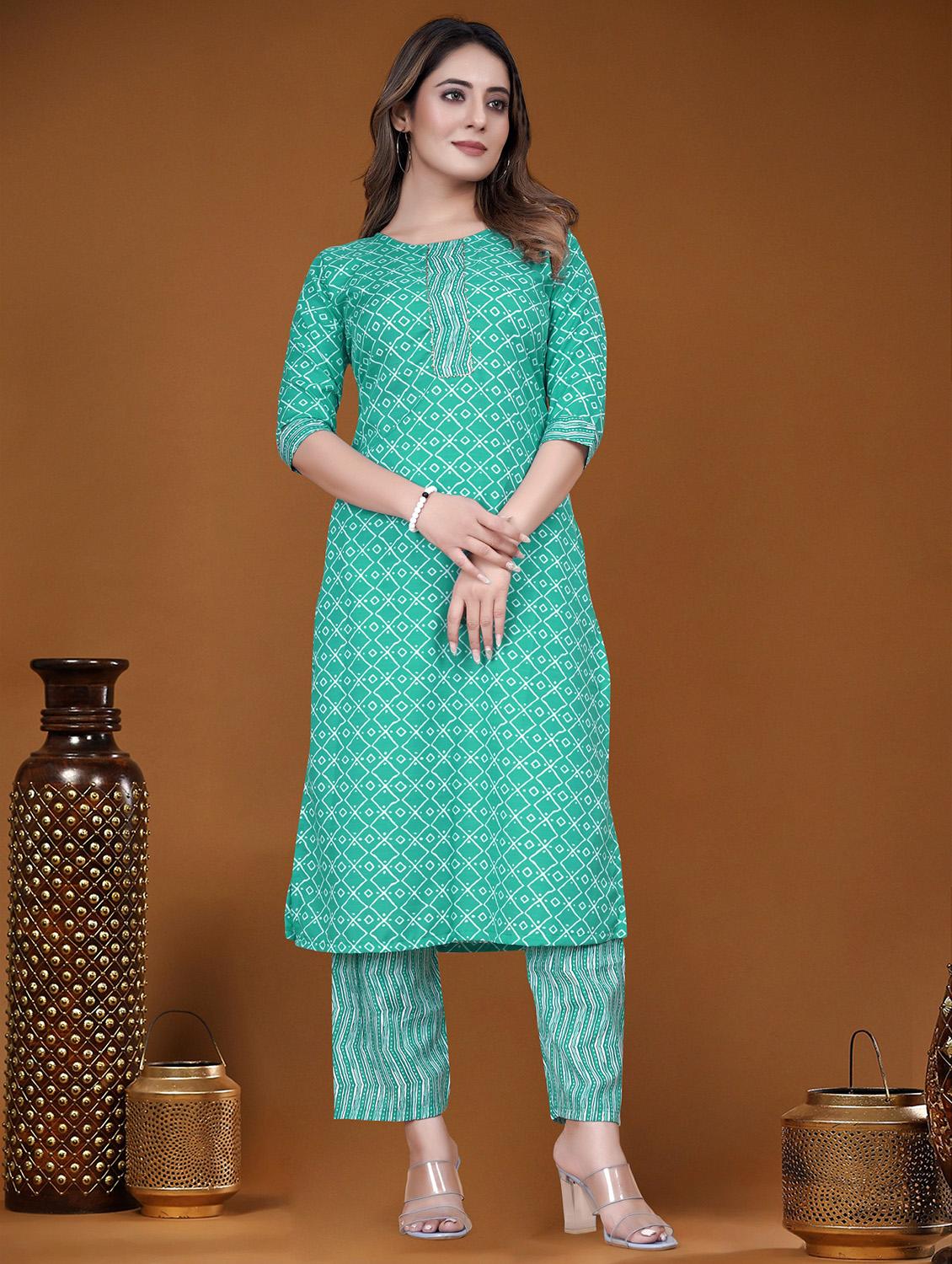 women printed three quarter sleeve kurta and pant set - 22042215 -  Standard Image - 1