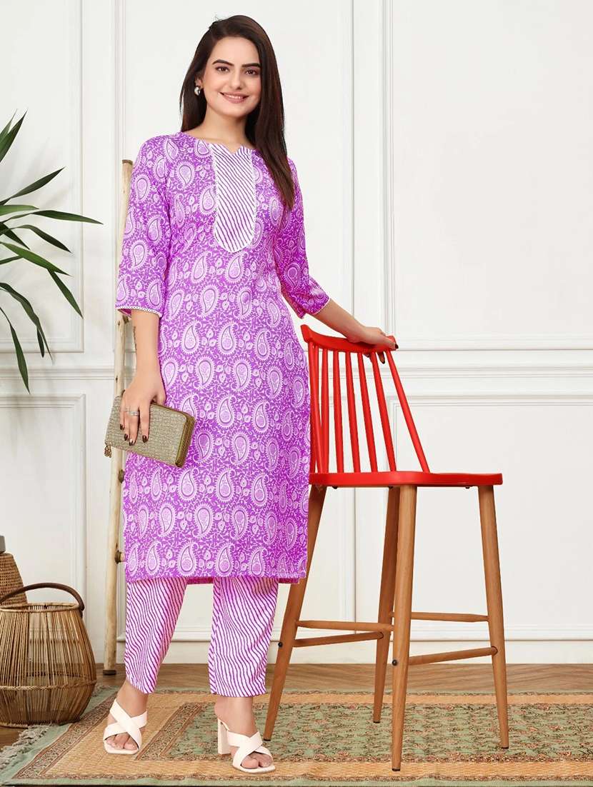 women printed three quarter sleeve kurta pant set - 22042216 -  Standard Image - 1