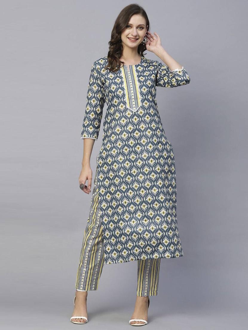 women printed three quarter sleeve kurta and pant set - 22042221 - Standard Image - 1