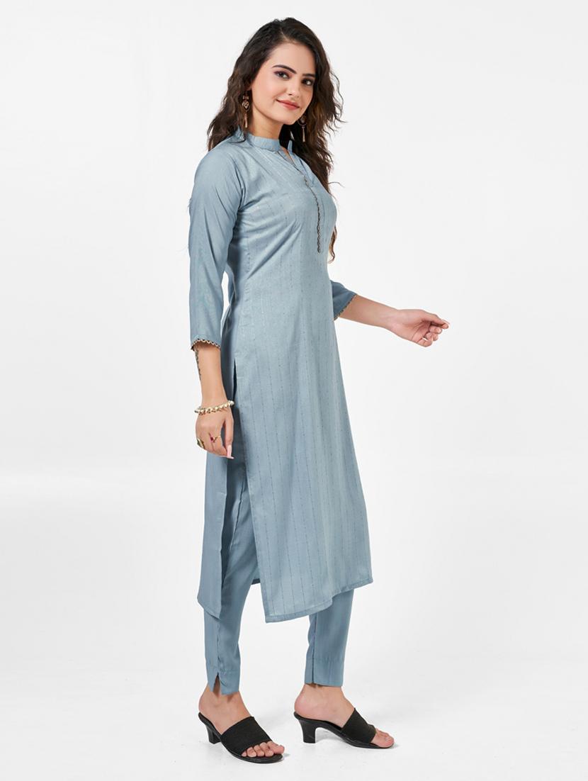 women solid three quarter sleeve kurta and pant set - 22042226 - Standard Image - 1
