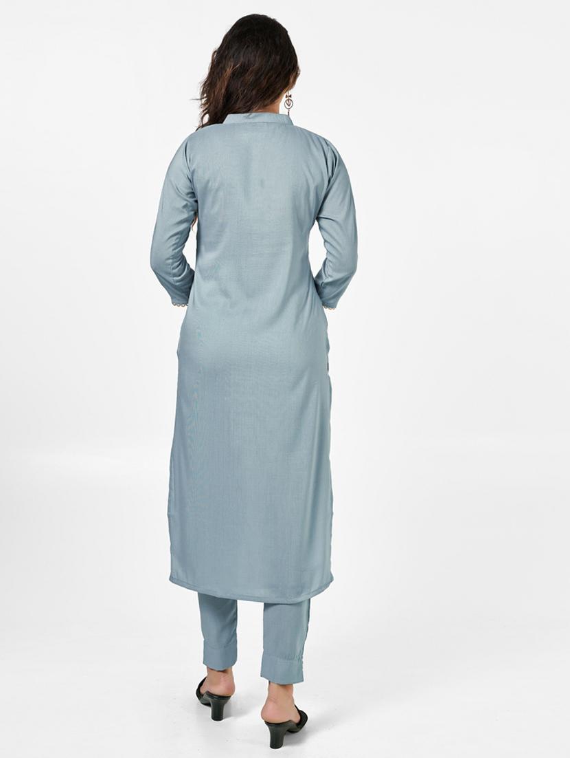 women solid three quarter sleeve kurta and pant set - 22042226 - Standard Image - 4