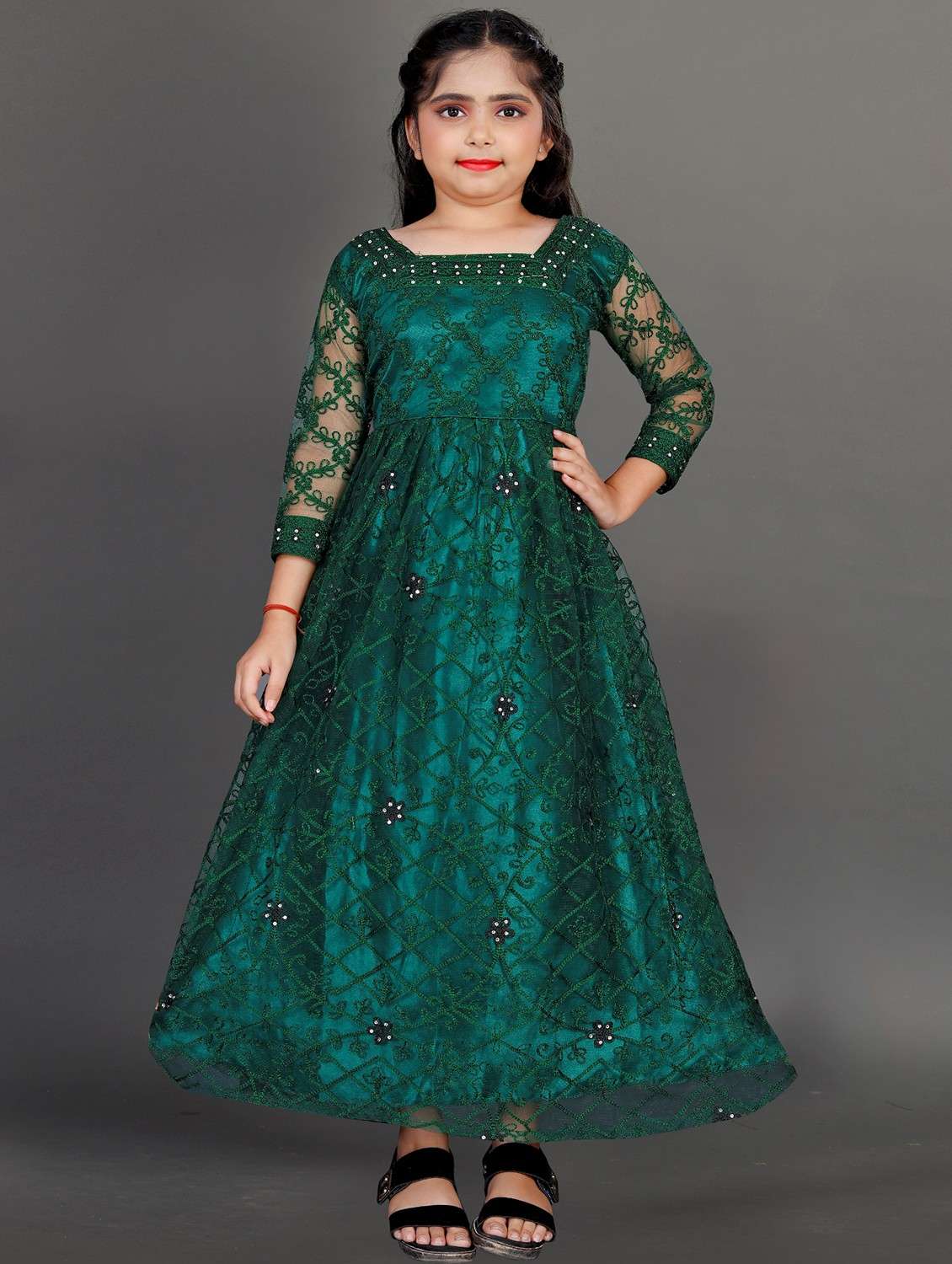 girls green embroidered fit & flare party gown