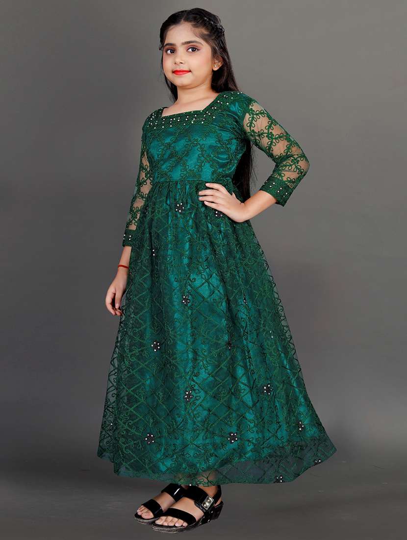 girls green embroidered fit & flare party gown - 22042232 - Standard Image - 1