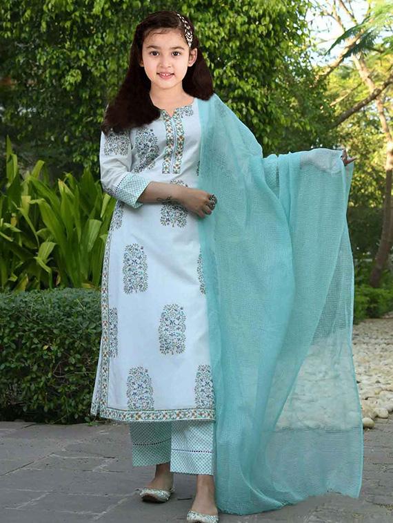 girls printed kurta and pant with dupatta set - 22042238 - Standard Image - 1