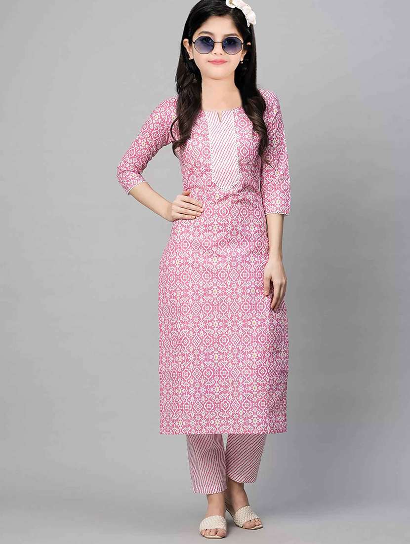 girls printed three quarter sleeve kurta and pant set - 22042250 - Zoom Image - 0