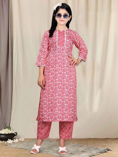 girls printed three quarter sleeve kurta and pant set - 22042252 - Standard Image - 0