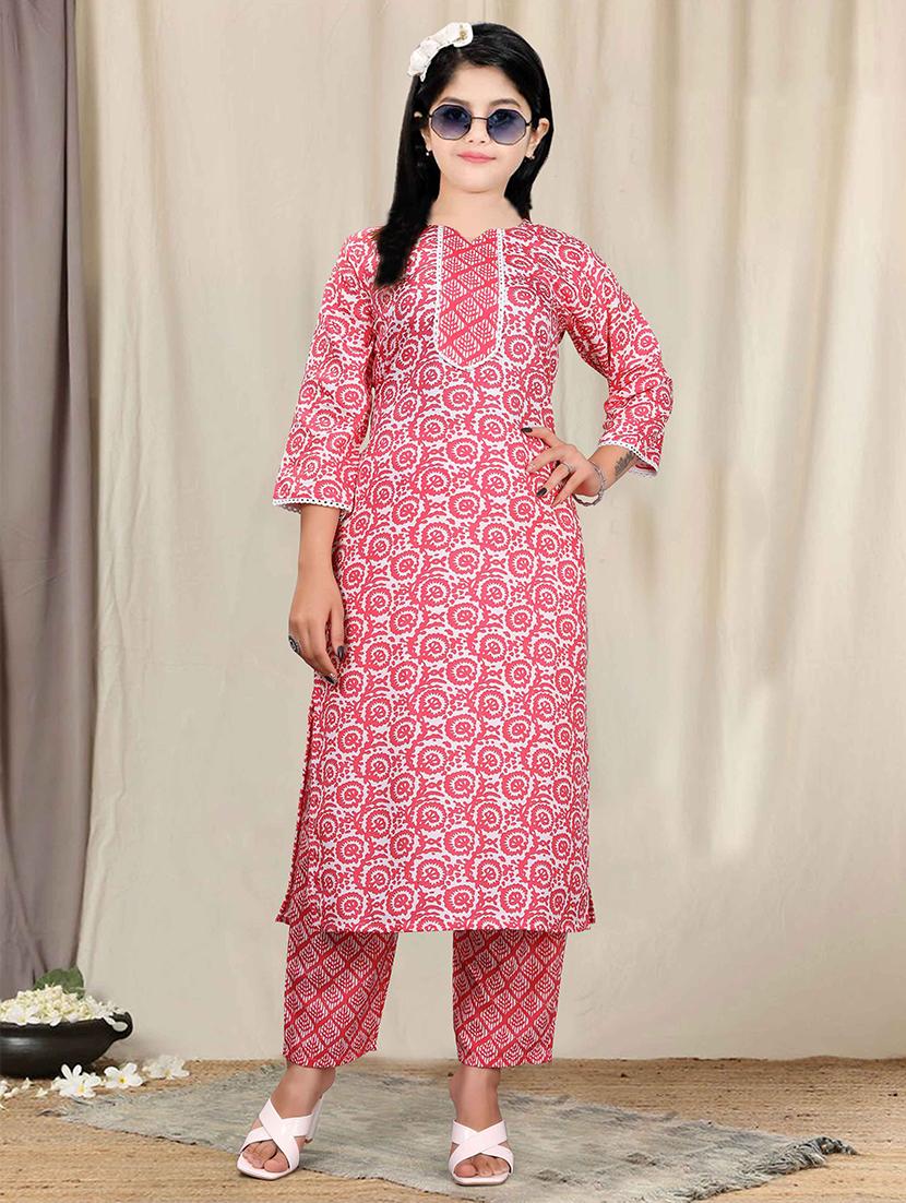 girls printed three quarter sleeve kurta and pant set - 22042252 - Zoom Image - 0