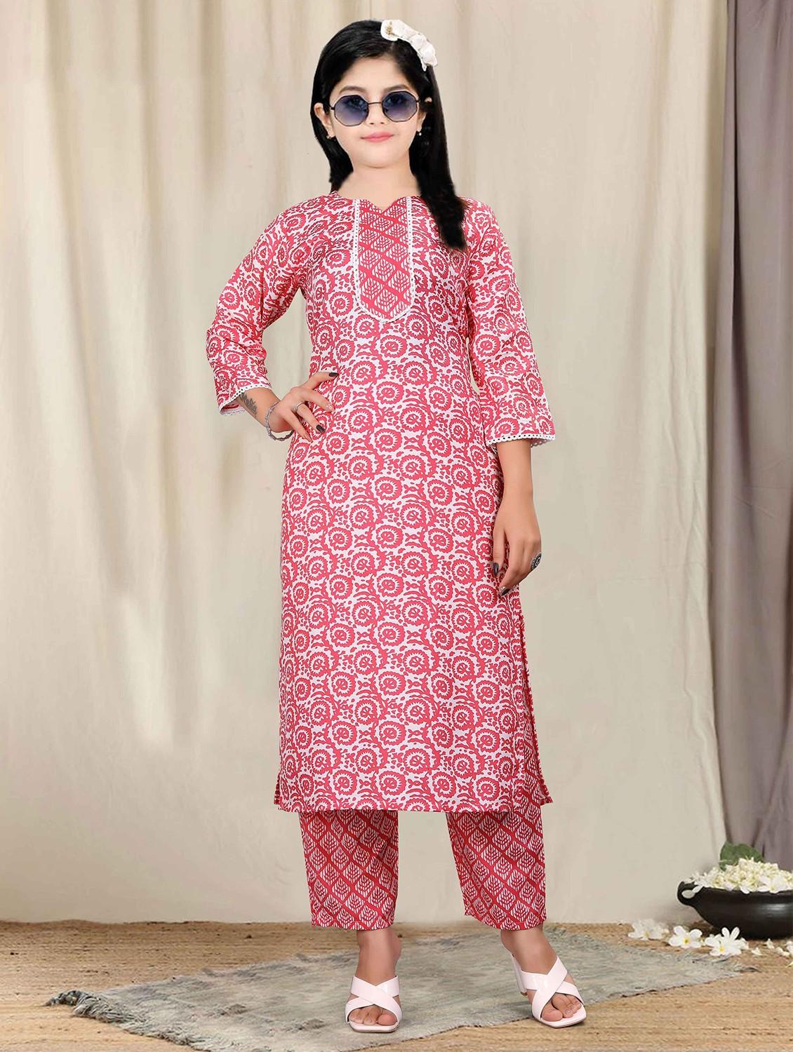 girls printed three quarter sleeve kurta and pant set - 22042252 - Standard Image - 1