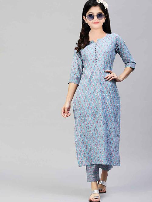 girls printed three quarter sleeve kurta and pant set - 22042253 - Standard Image - 0