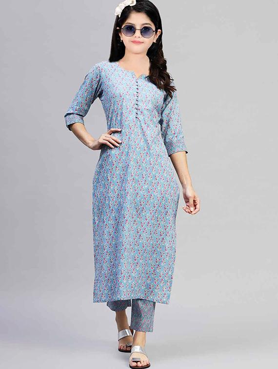 girls printed three quarter sleeve kurta and pant set - 22042253 - Standard Image - 1