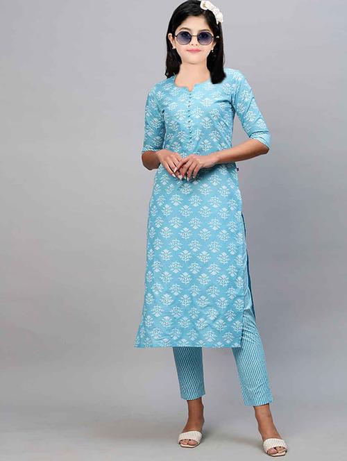 girls printed three quarter sleeve kurta and pant set - 22042264 - Standard Image - 0
