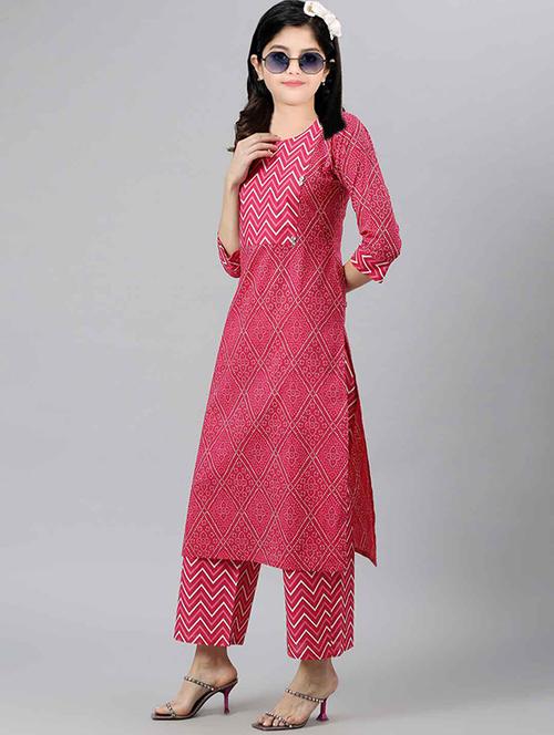 girls printed three quarter sleeve kurta and pant set  - 22042266 -  Standard Image - 0