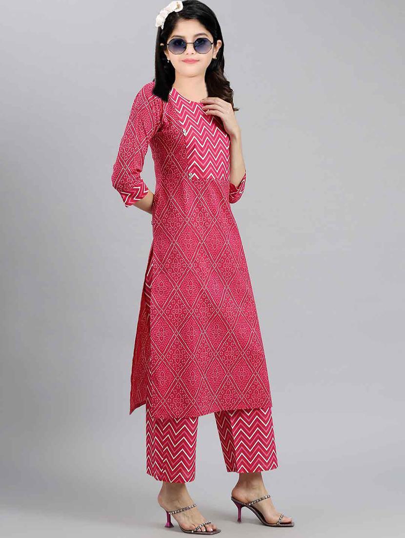 girls printed three quarter sleeve kurta and pant set - 22042266 - Standard Image - 1