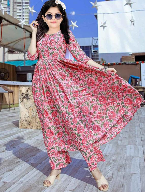 girls printed three quarter sleeve kurta and pant set - 22042267 - Standard Image - 1