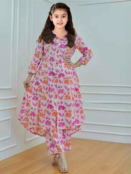 girls printed three quarter sleeve kurta and pant set - 22042269 - Standard Image - 0