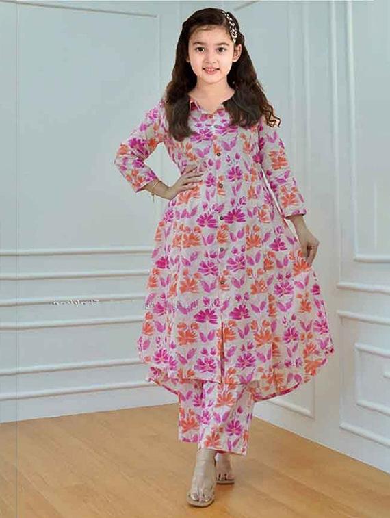 girls printed three quarter sleeve kurta and pant set  - 22042269 -  Standard Image - 1