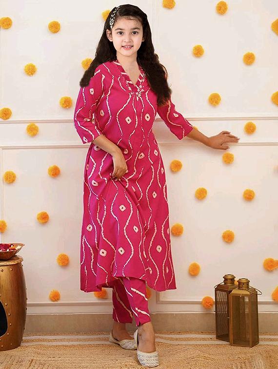girls printed three quarter sleeve kurta and pant set - 22042270 - Standard Image - 1