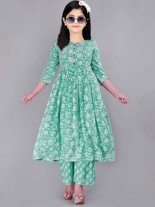girls printed three quarter sleeve kurta and pant set - 22042281 - Standard Image - 0