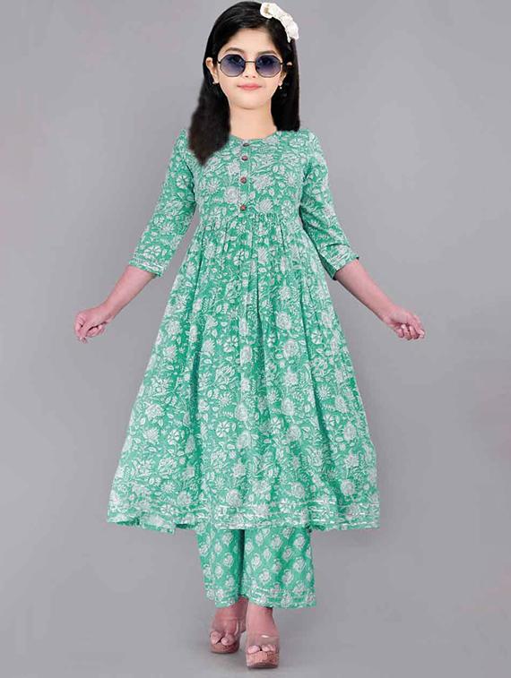 girls printed three quarter sleeve kurta and pant set - 22042281 - Zoom Image - 0