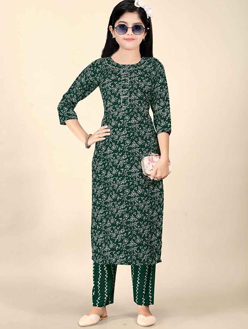 girls printed three quarter sleeve kurta and pant set  - 22042282 -  Standard Image - 0