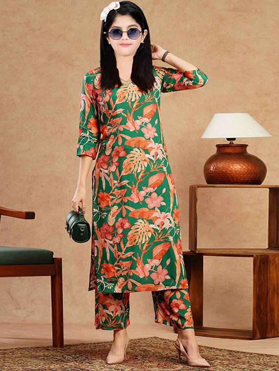 girls printed three quarter sleeve kurta and pant set 