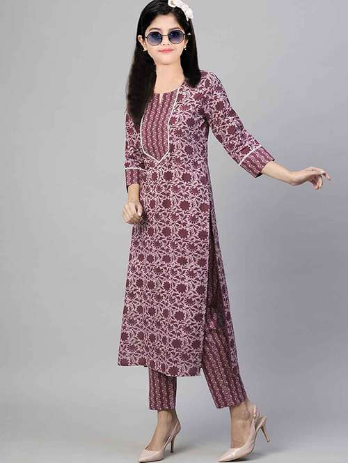 girls printed three quarter sleeve kurta and pant set - 22042284 - Standard Image - 0