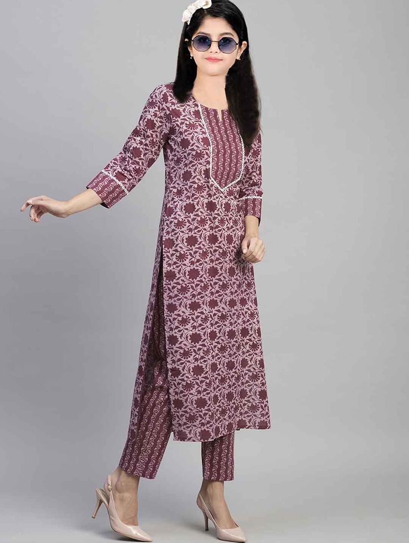 girls printed three quarter sleeve kurta and pant set - 22042284 - Standard Image - 1