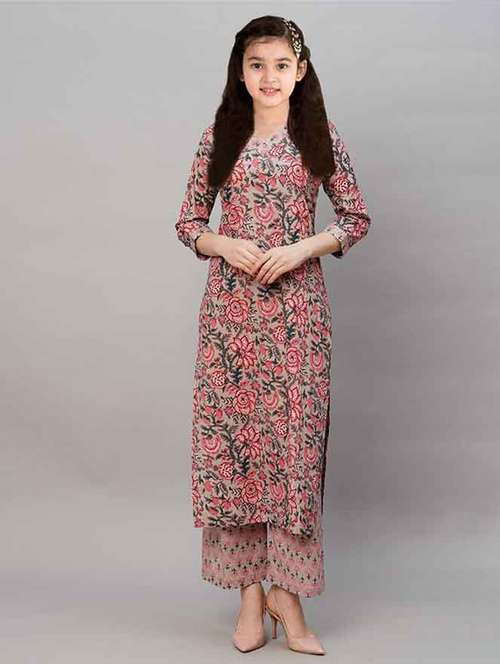 girls printed three quarter sleeve kurta and pant set  - 22042289 -  Standard Image - 0