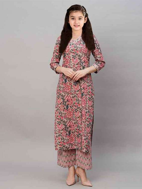 girls printed three quarter sleeve kurta and pant set  - 22042289 -  Zoom Image - 0