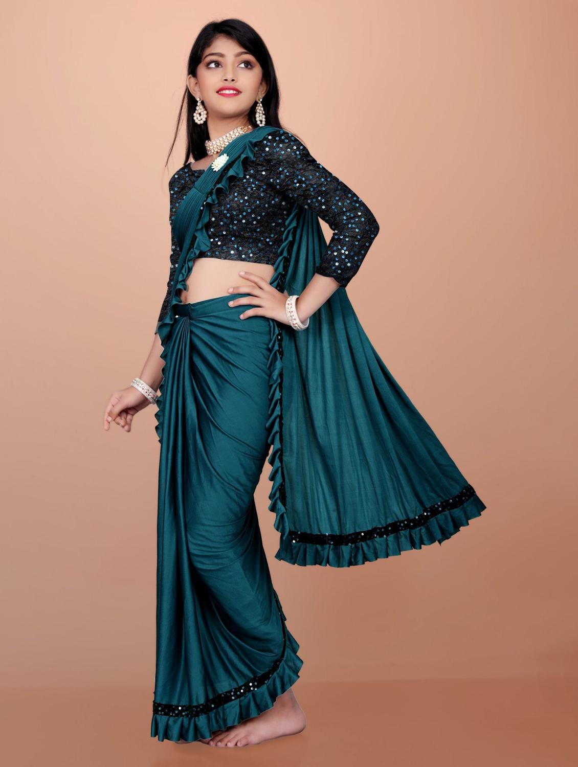 girls embellished ready to wear ruffle saree - 22042296 -  Standard Image - 1