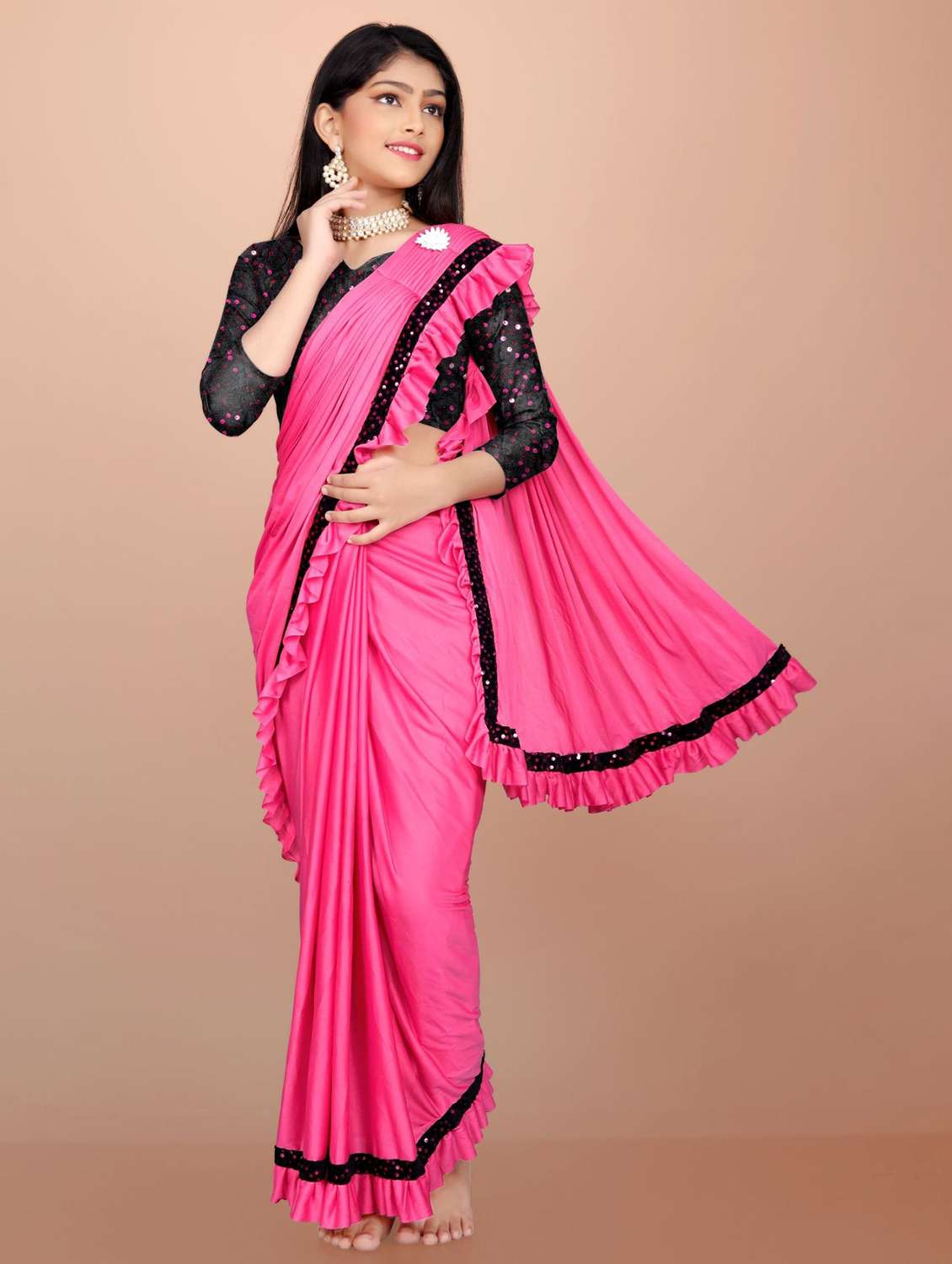 girls embellished ready to wear ruffle saree - 22042298 -  Standard Image - 1