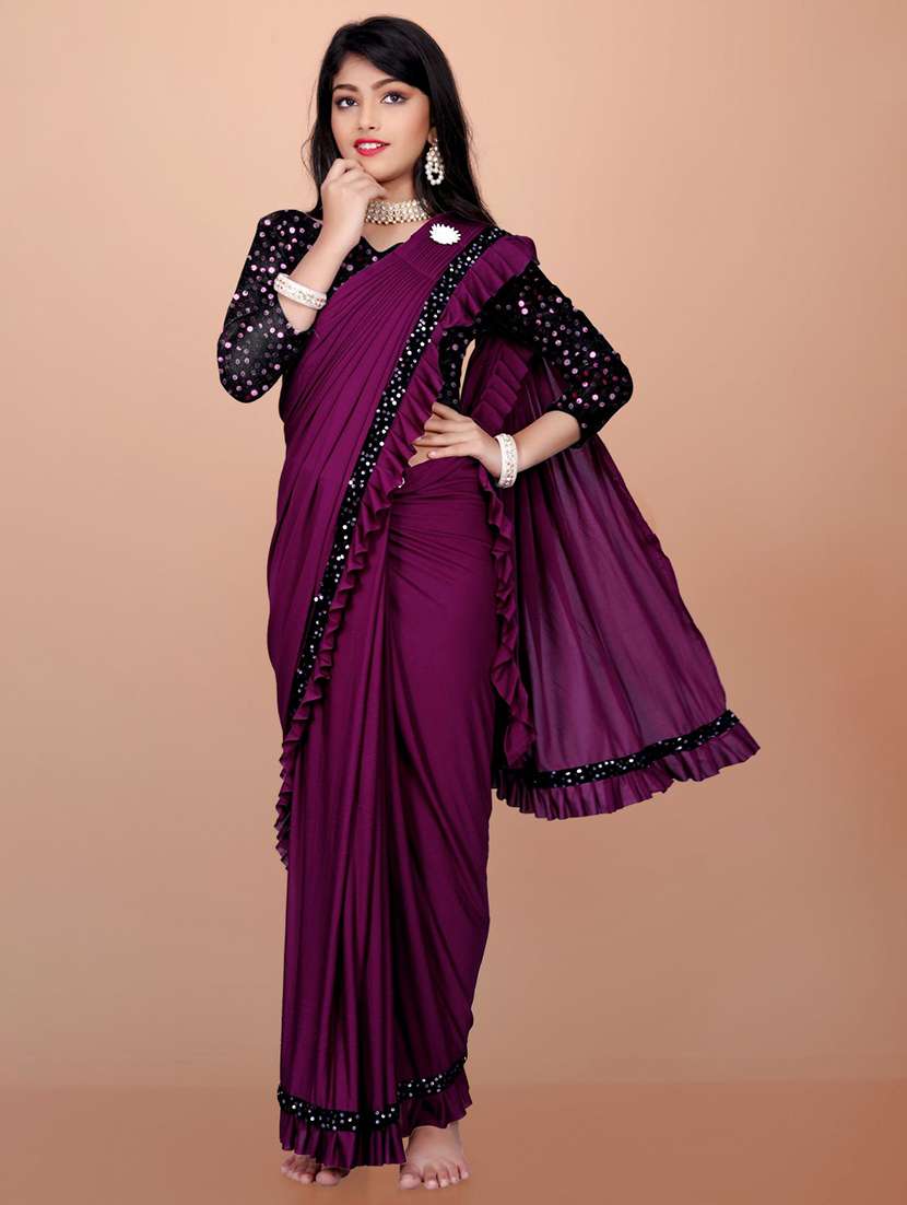 girls embellished ready to wear ruffle saree - 22042300 - Zoom Image - 0