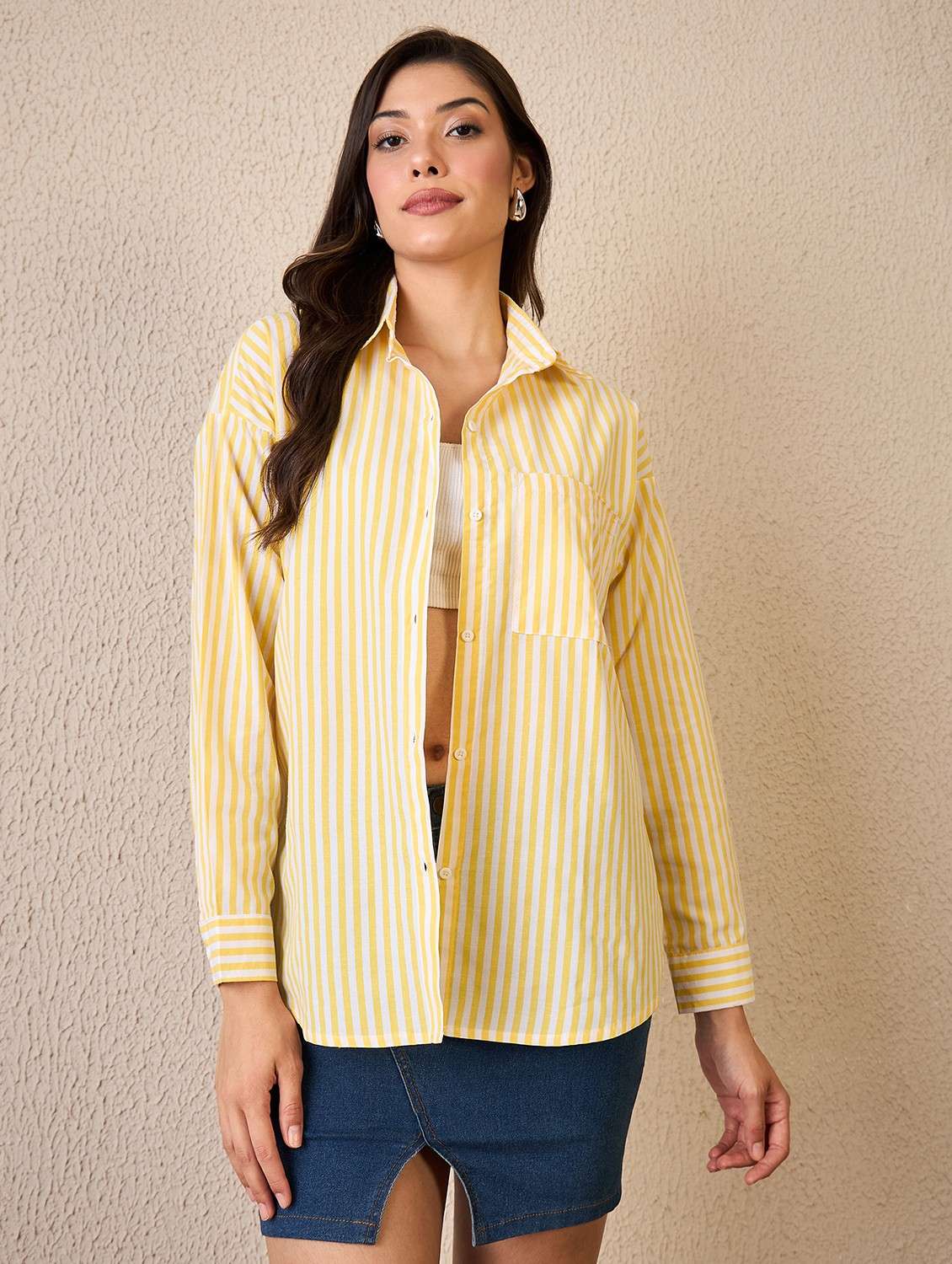 women striped collared long sleeve oversized shirt - 22042406 -  Standard Image - 1