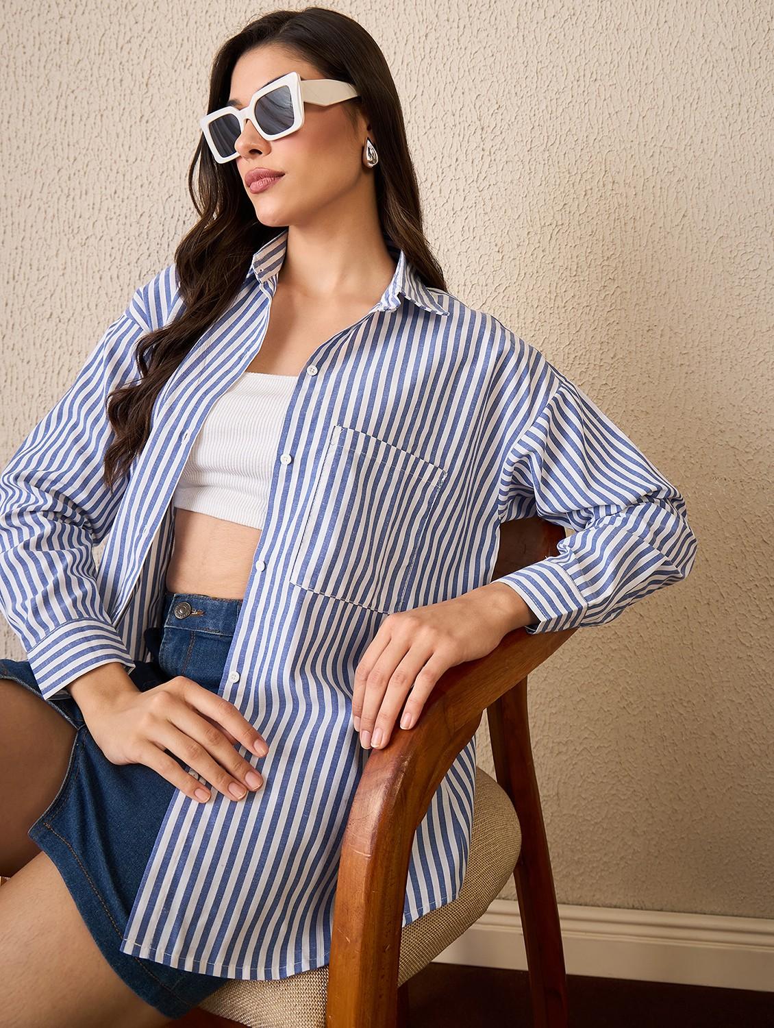 women striped collared long sleeve oversized shirt - 22042409 - Zoom Image - 0