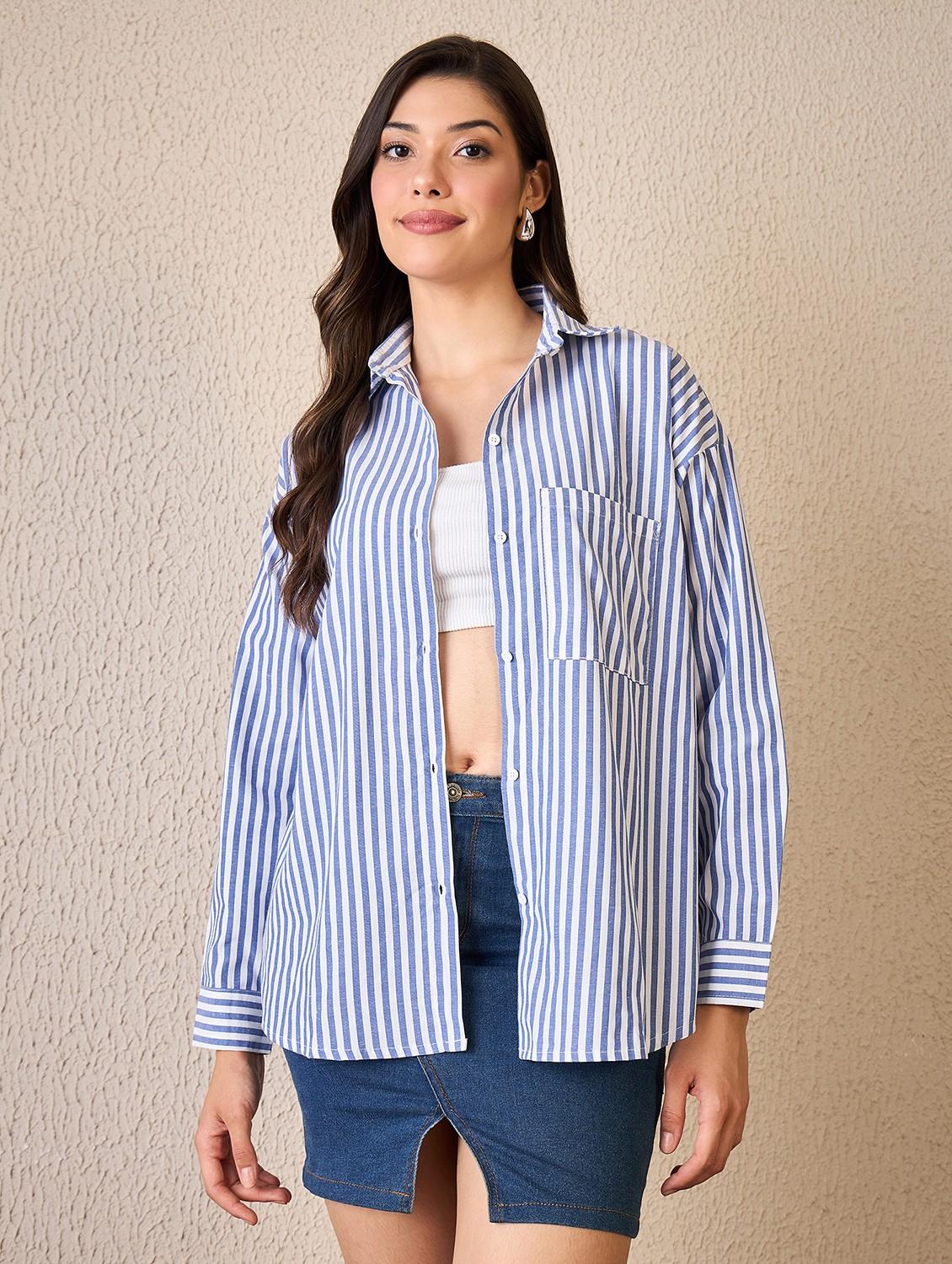 women striped collared long sleeve oversized shirt - 22042409 - Standard Image - 1