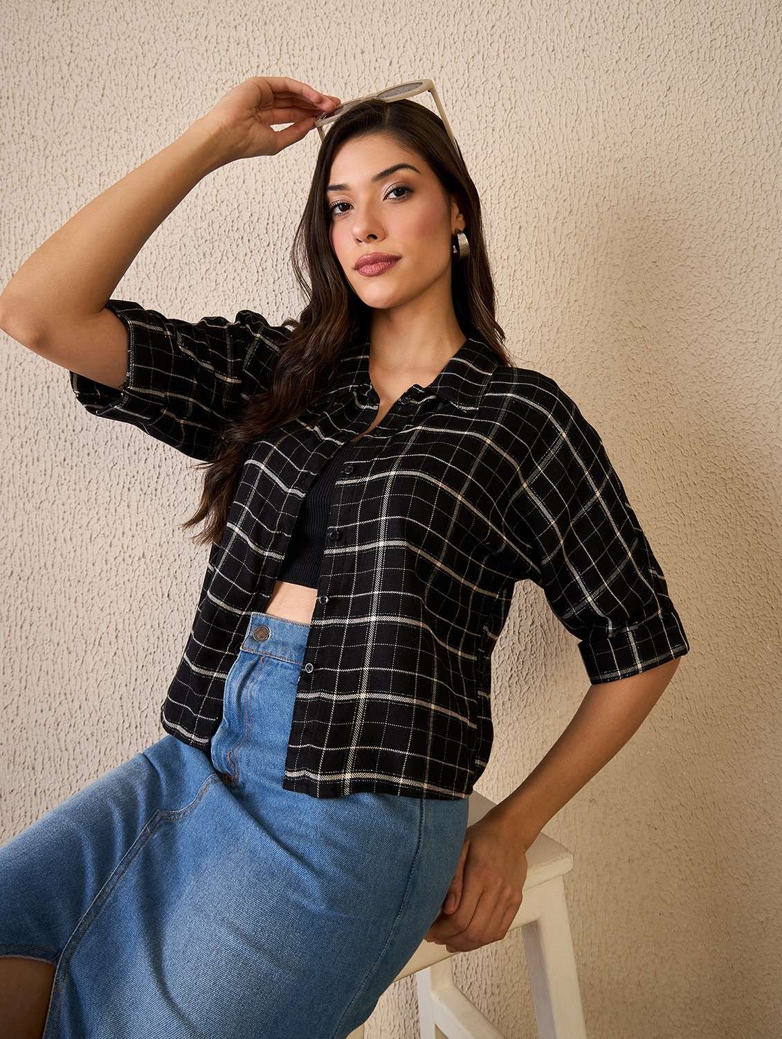 women checkered collared long sleeve shirt