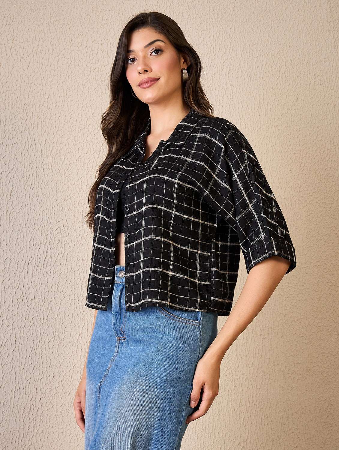 women checkered collared long sleeve shirt - 22042410 -  Standard Image - 1