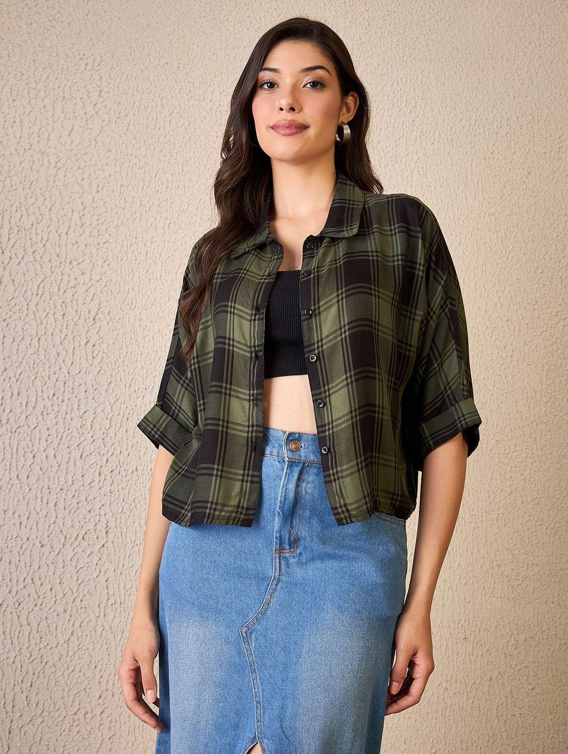 women checkered collared roll up sleeve shirt - 22042411 - Standard Image - 1