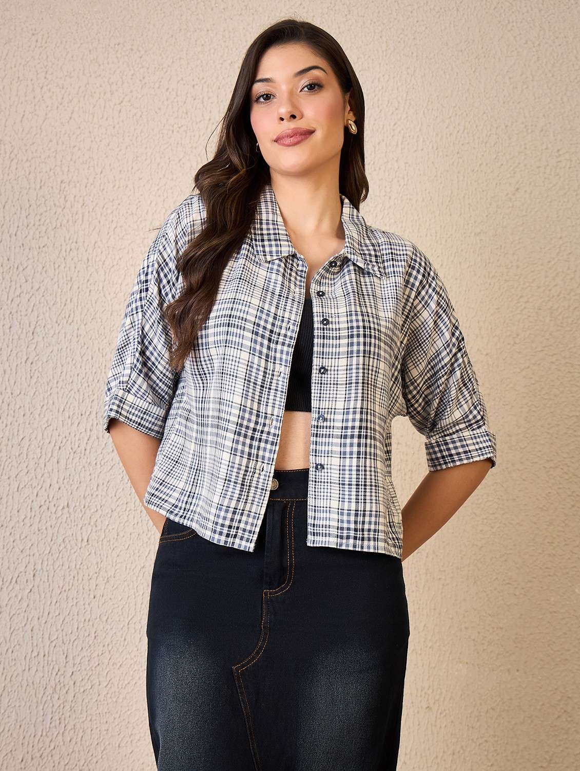 women checkered collared roll sleeve shirt - 22042414 - Standard Image - 1
