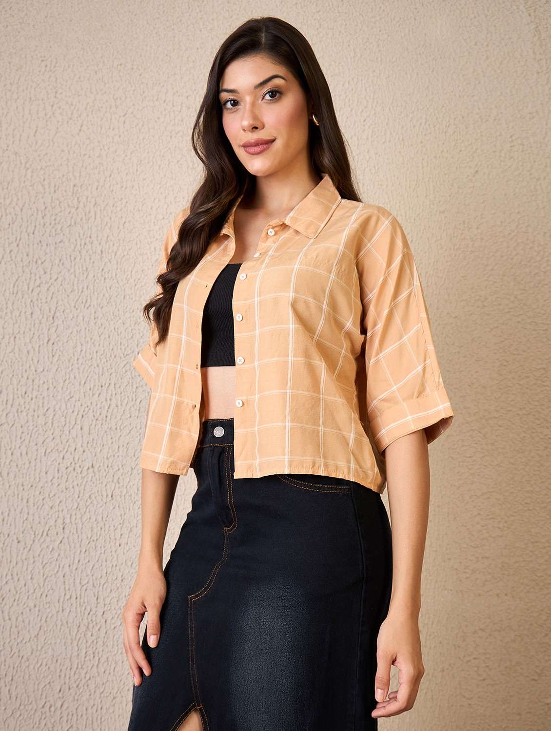 women checkered collared roll up sleeve shirt - 22042415 - Standard Image - 1