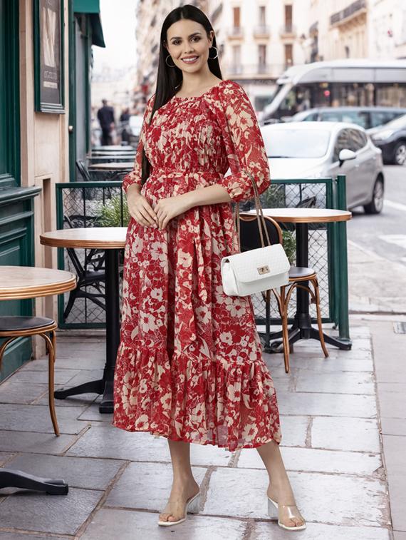 women floral printed puff sleeve tiered dress - 22042416 -  Standard Image - 1