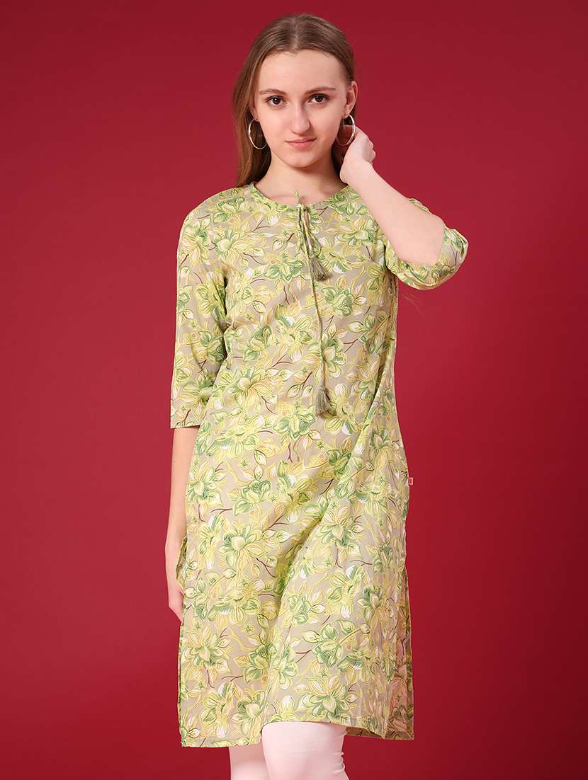 women floral printed three quarter sleeve straight kurta - 22042455 -  Standard Image - 1