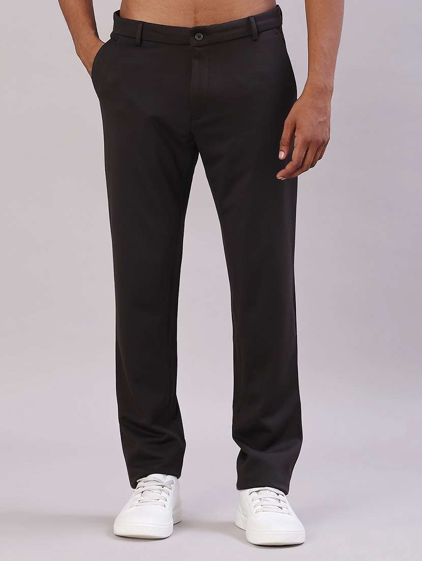 men solid mid rise flat front casual trouser