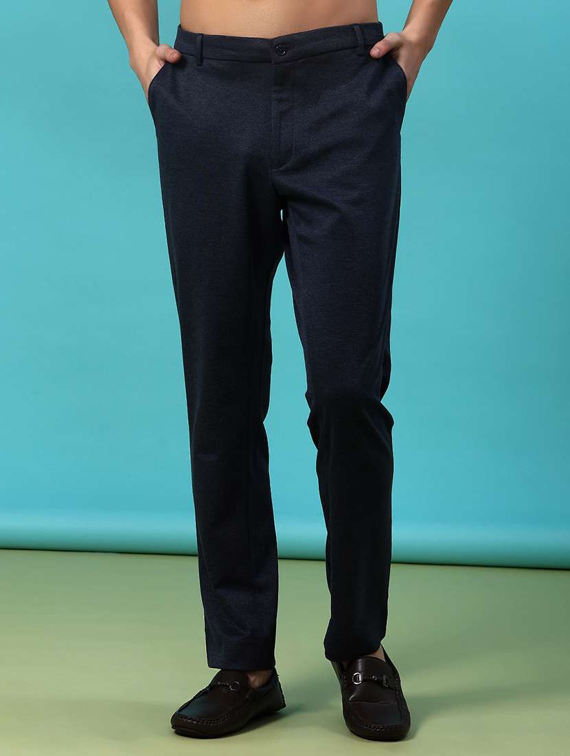 men solid mid rise flat front casual trouser - 22042620 -  Standard Image - 1