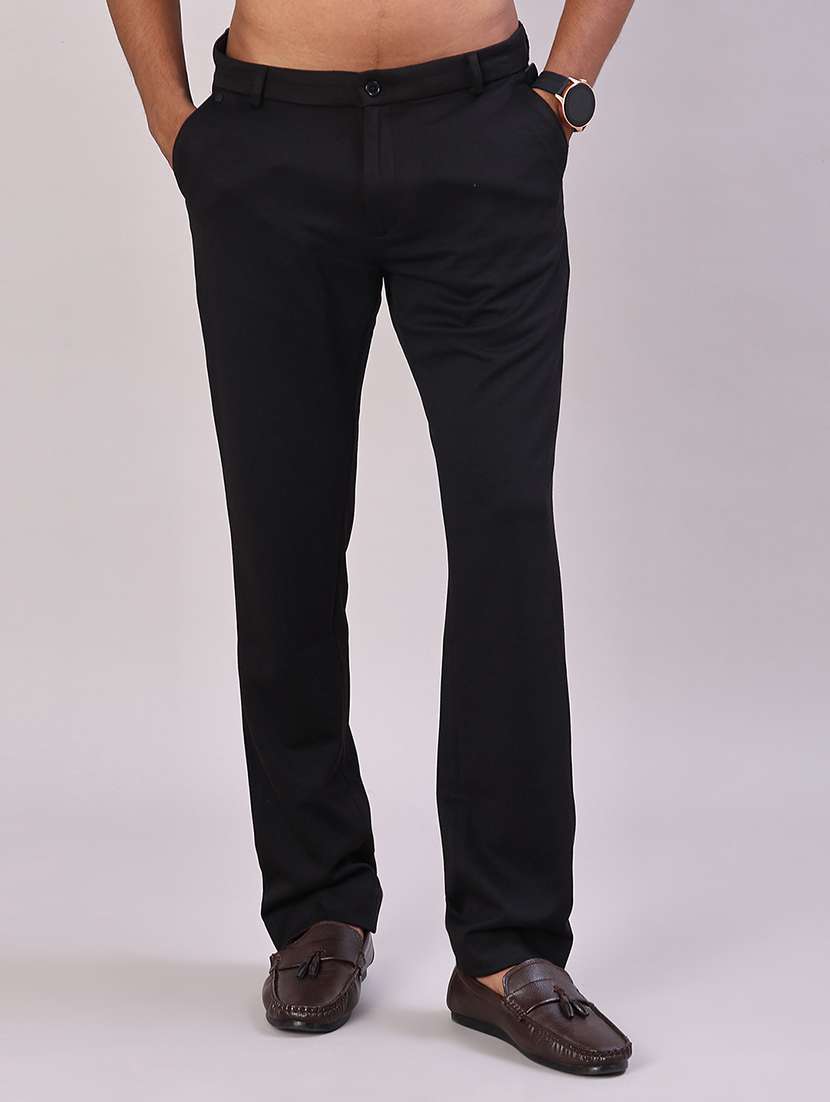 men solid mid rise flat front casual trouser