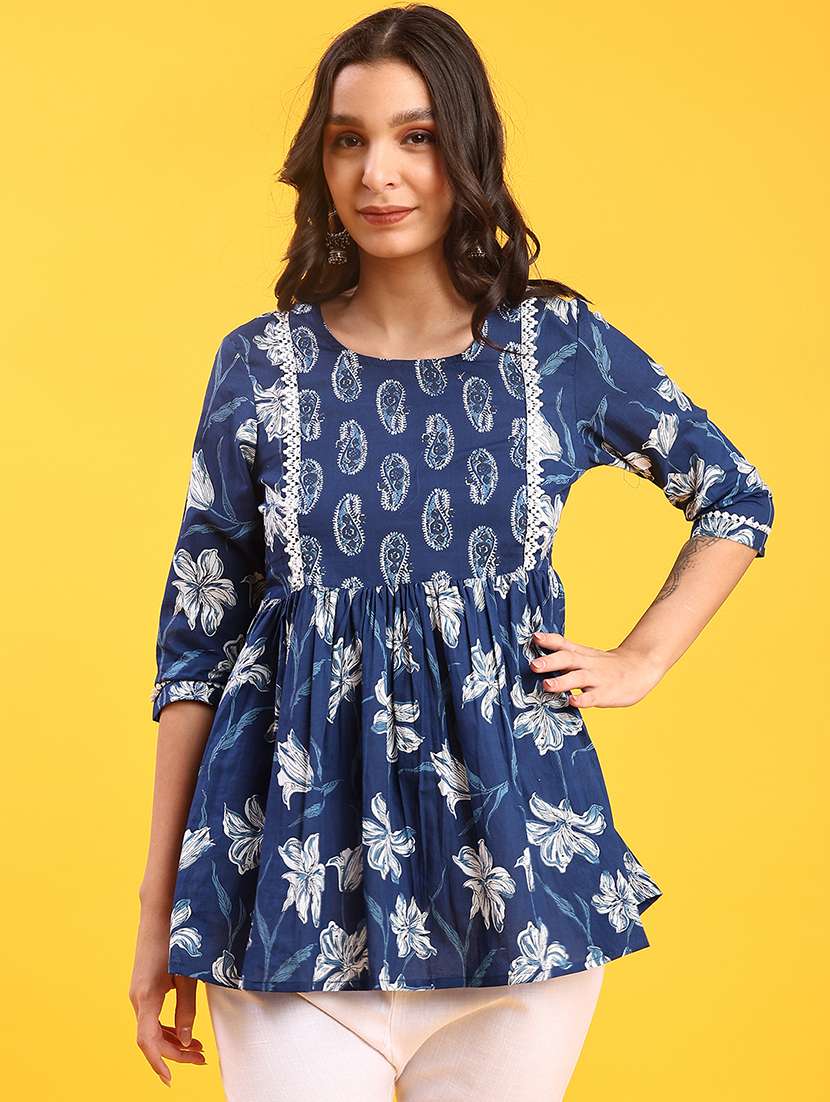 women floral printed three quarter sleeve a-line kurti