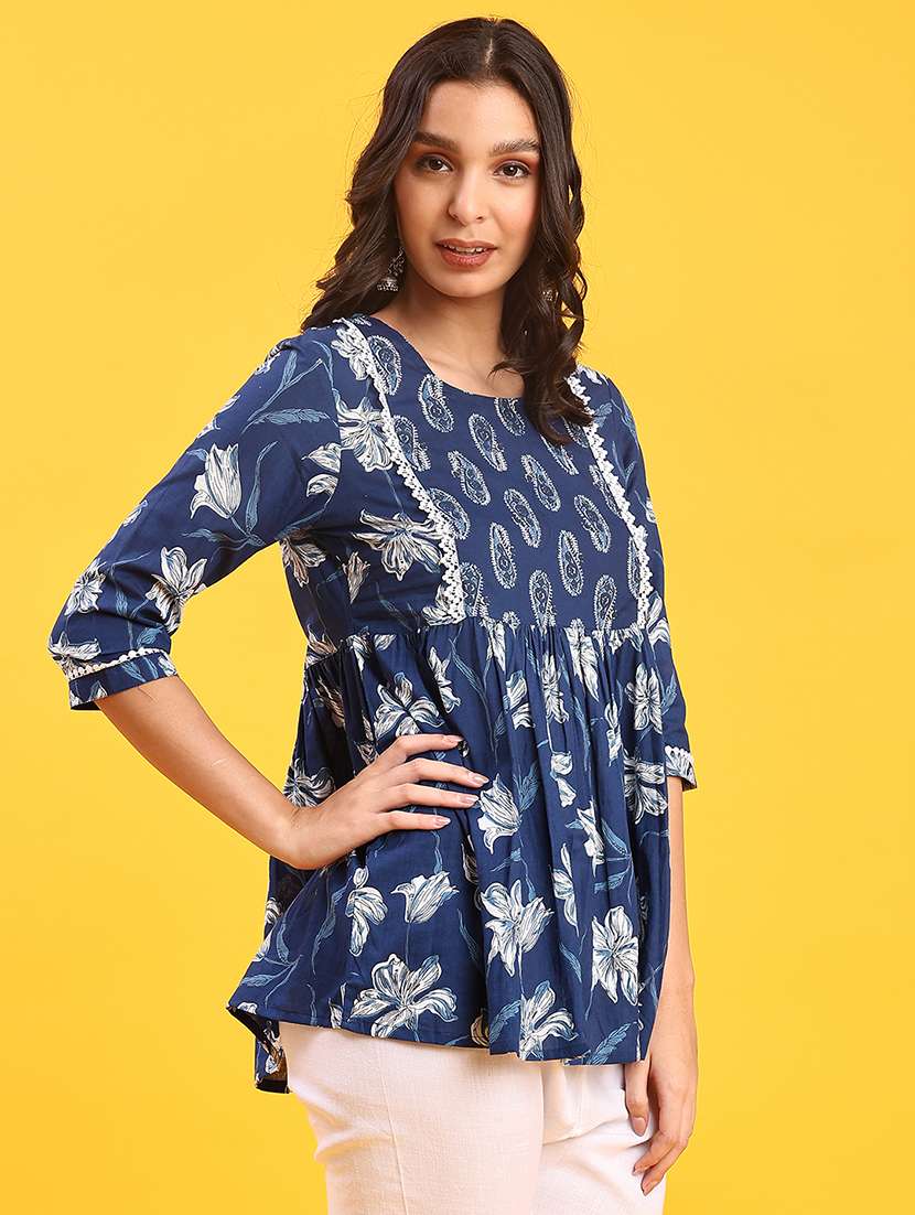 women floral printed three quarter sleeve a-line kurti - 22042678 -  Standard Image - 1