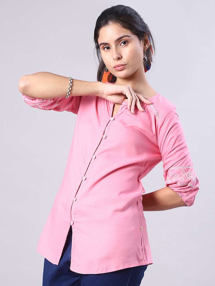 women solid with work three quarter sleeve a-line kurti - 22042680 -  Standard Image - 1