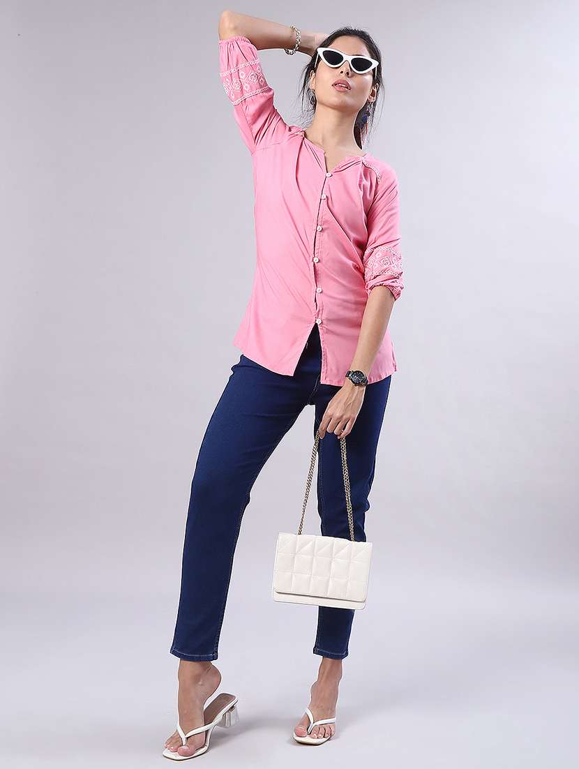 women solid with work three quarter sleeve a-line kurti - 22042680 -  Standard Image - 4